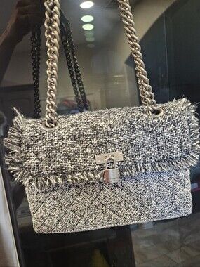 Fringed Tweed Shoulder Bag with Chain Strap in Black & White